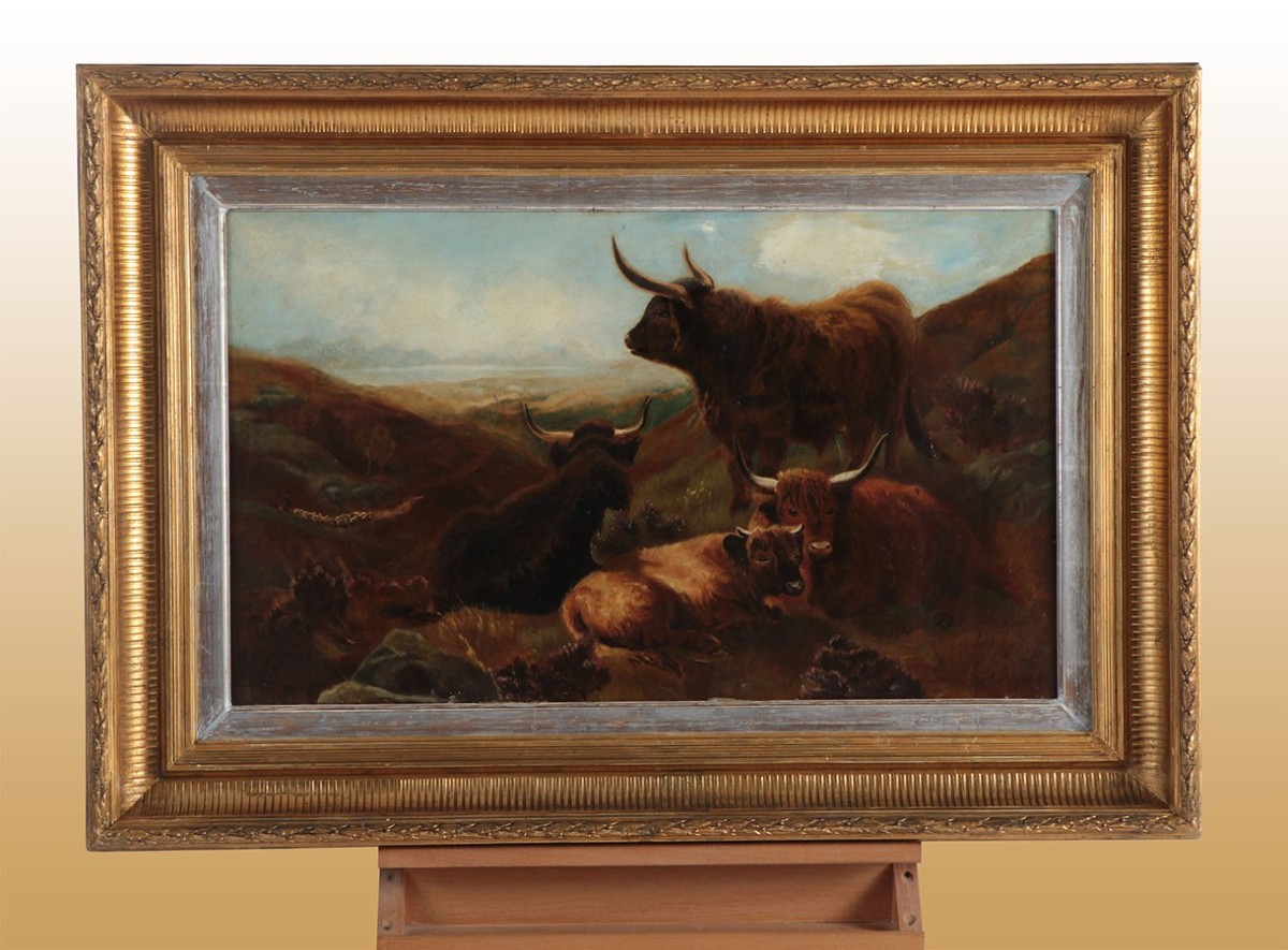 Oil On Canvas Depicting A Grazing Scene With Oxen With Contemporary Gold Leaf Frame. Origin: En