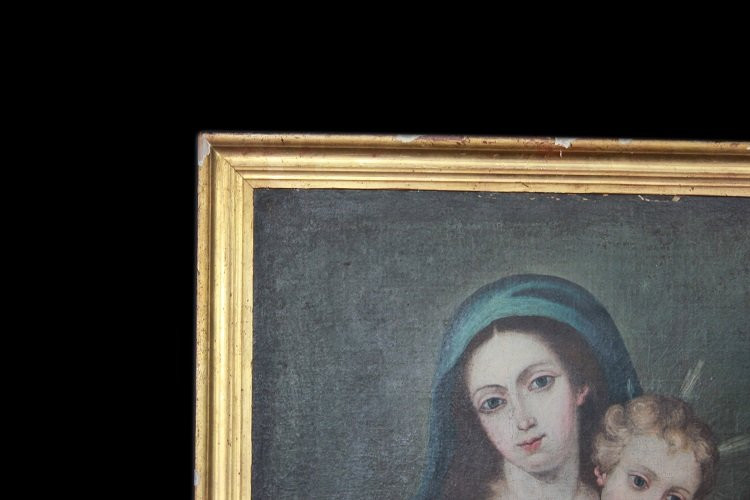 Spanish Oil On Canvas From The Early 1800s Depicting The Virgin Mary Holding The Infant Baby Je-photo-1