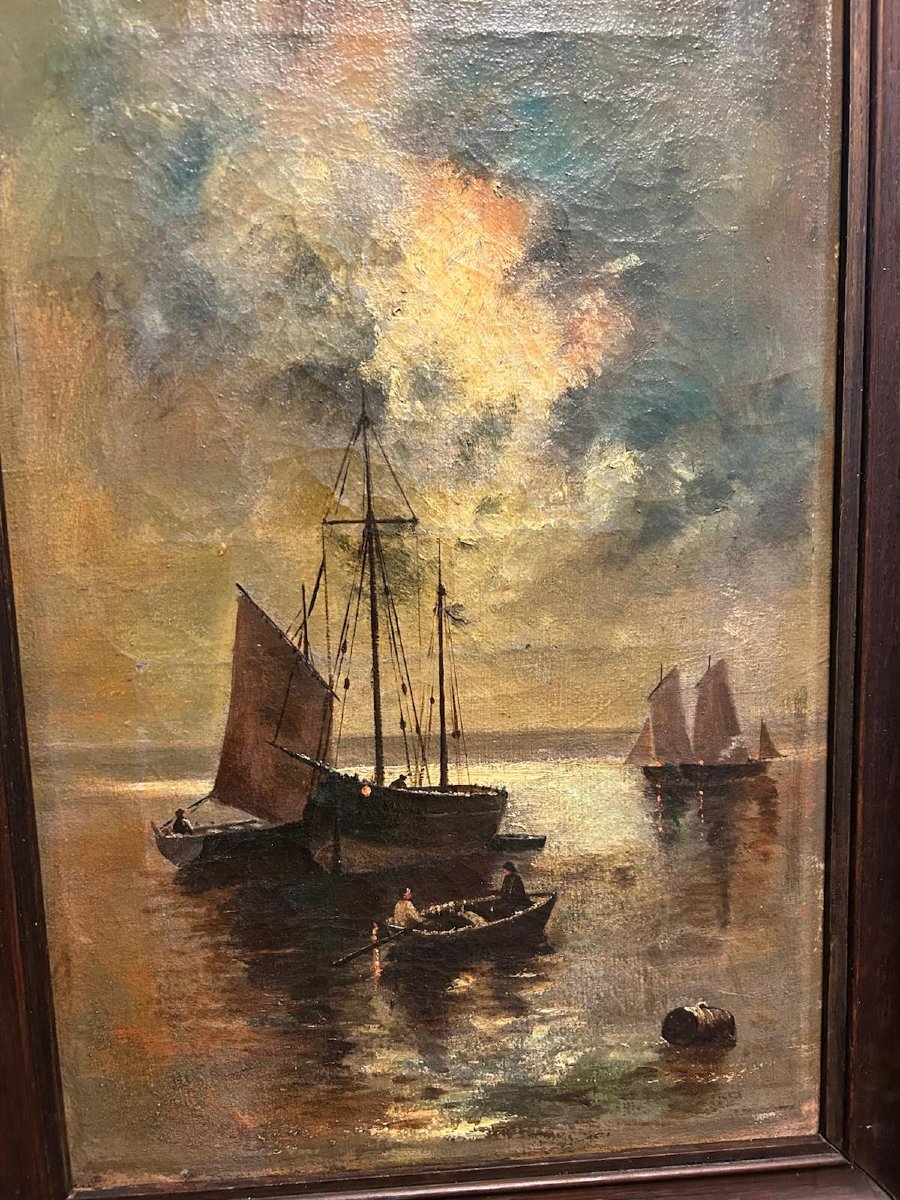 Huile Sur Toile Française XIXe Siècle – Marine Nocturne Au Clair De Lune Avec Voilier-photo-2
