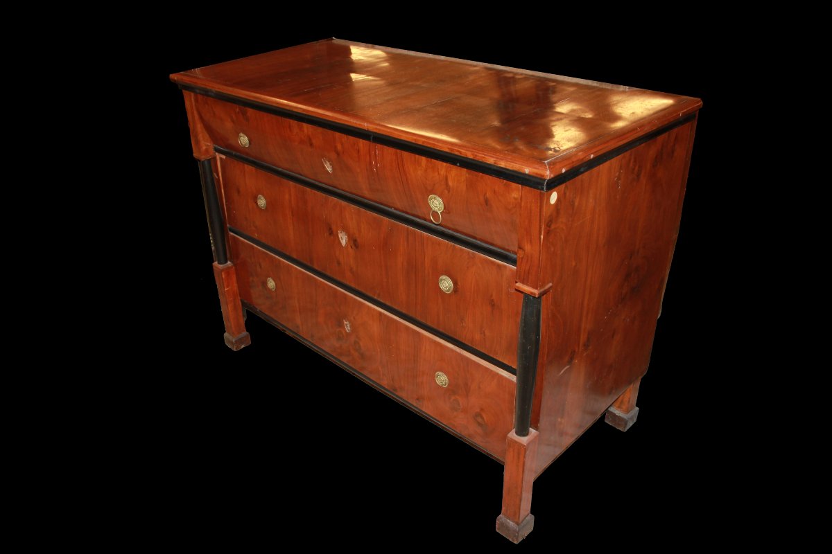 Mid-19th Century Austrian Chest Of Drawers, Empire Style, Made Of Walnut Wood. It Features 3 La-photo-4