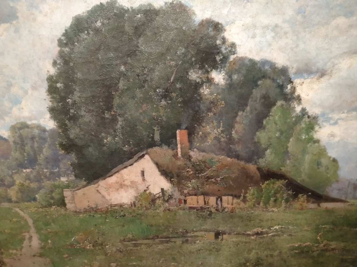 Huile Sur Toile Ancienne Représentant Un Paysage Rural 1800-photo-3