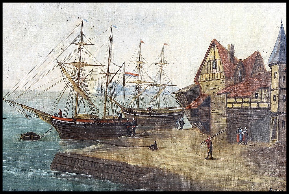 Tableau Huile Sur Toile Vue Marine Des Années 1800 Signée Mariot-photo-3