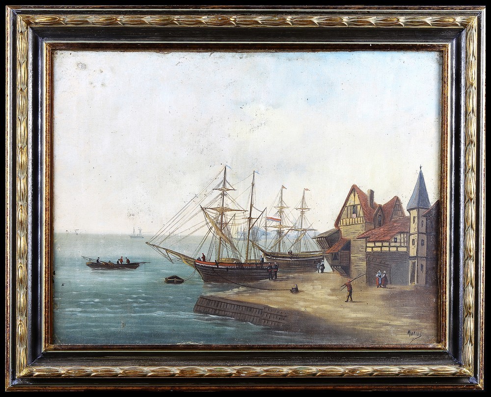 Tableau Huile Sur Toile Vue Marine Des Années 1800 Signée Mariot