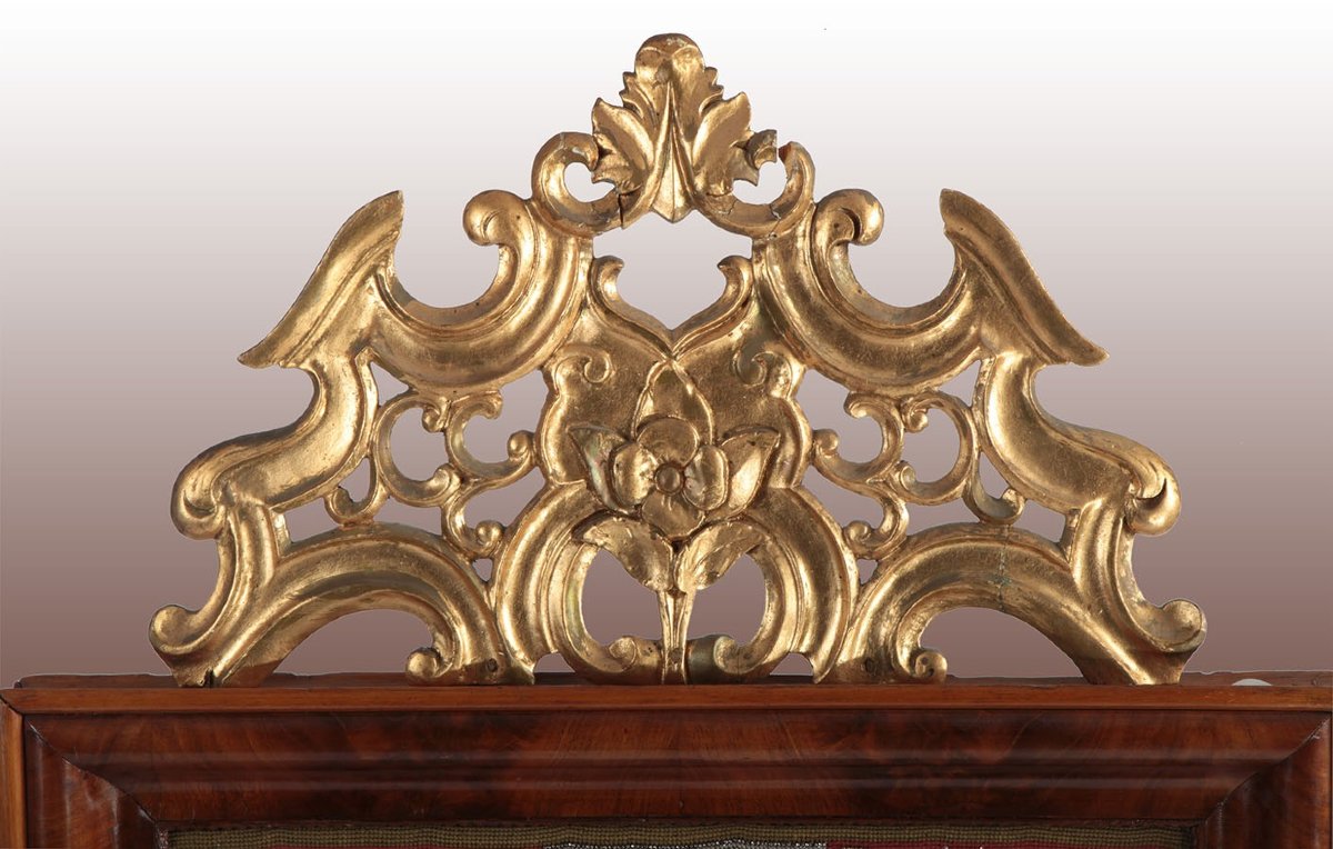 Fire Screen Or Screen With Mahogany Feather Frame. The Central Panel Is Embroidered In Small Pe-photo-3