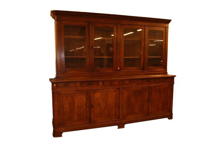 Large Italian Buffet Bookcase From The Early 1800s, Louis Philippe Style, In Walnut Wood. It Ha
