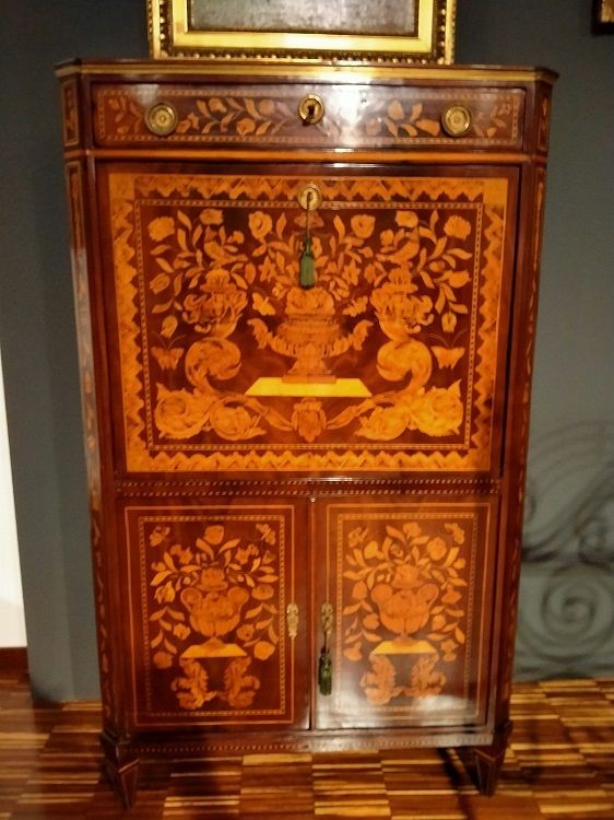 Dutch Secretary From The End Of The 1700s, Richly Inlaid With A Floral Motif In Various Polychr