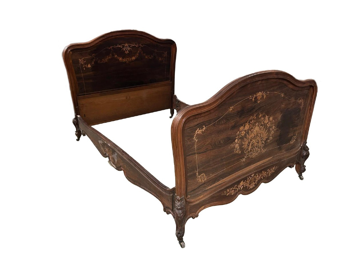 Lit Français Du XIXe Siècle – Style Louis XV En Bois De Palissandre Marqueté