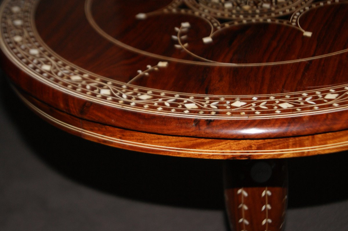 Beautiful English Circular Coffee Table From The Mid-1800s, In Oriental Style, Made Of Rosewood-photo-2
