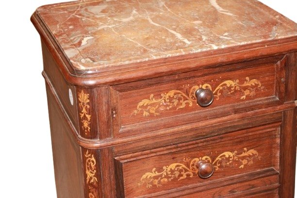 Tall French Nightstand – Louis XV Style In Inlaid Rosewood With Marble Top-photo-2