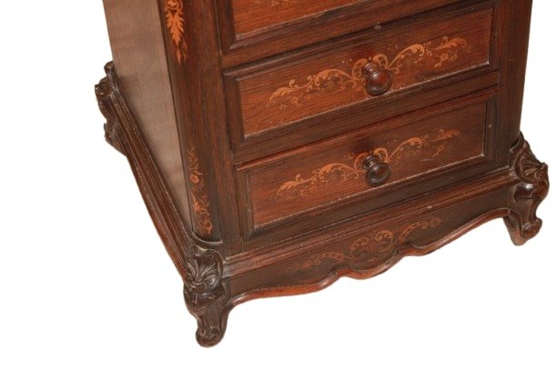 Tall French Nightstand – Louis XV Style In Inlaid Rosewood With Marble Top-photo-3