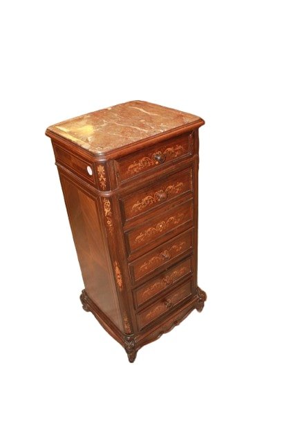 Tall French Nightstand – Louis XV Style In Inlaid Rosewood With Marble Top-photo-4