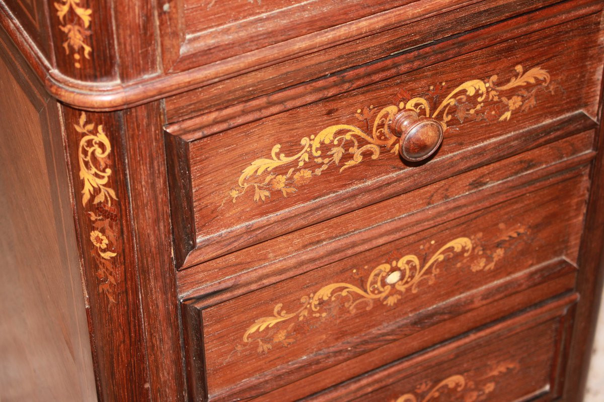 Tall French Nightstand – Louis XV Style In Inlaid Rosewood With Marble Top-photo-1