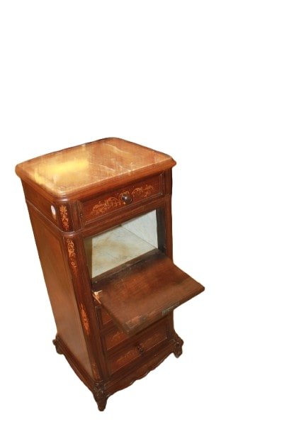 Tall French Nightstand – Louis XV Style In Inlaid Rosewood With Marble Top-photo-2