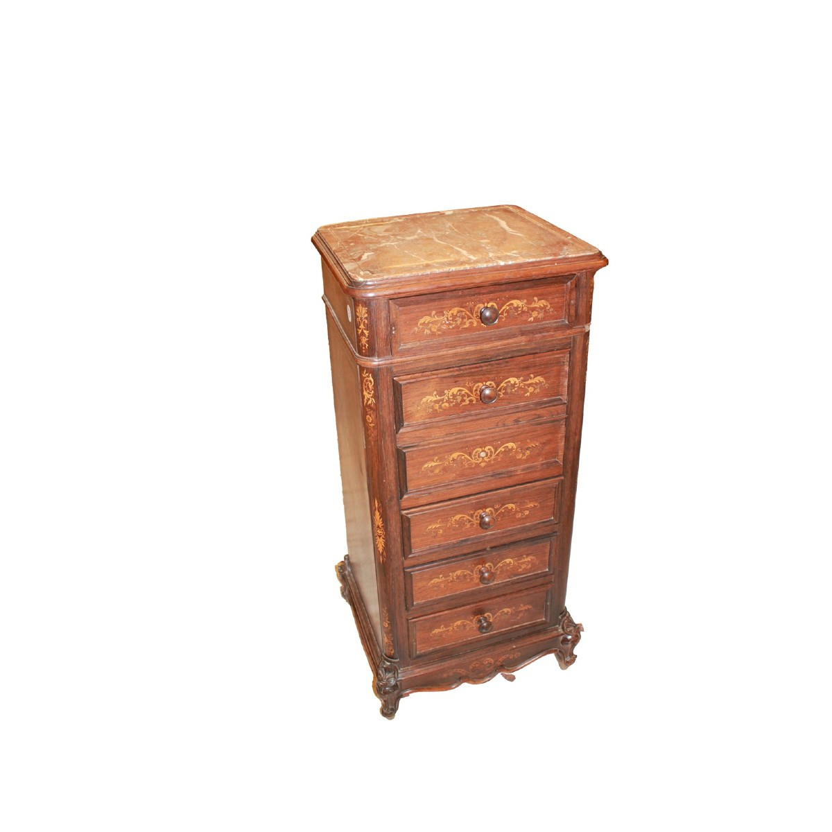 Tall French Nightstand – Louis XV Style In Inlaid Rosewood With Marble Top