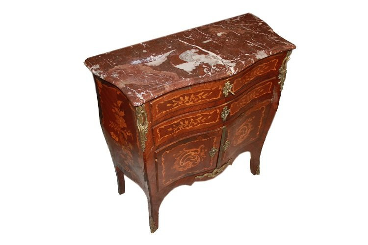 Petit Commode Français Avec Tiroirs Et 2 Portes De Style Louis XV Du XIXe Siècle Marqueté-photo-3