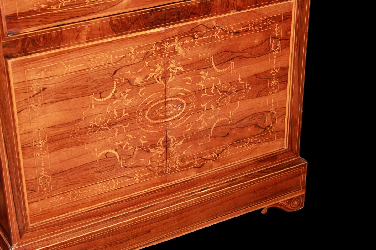 French Secretary From The Mid-1800s, Charles X Style, In Rosewood With Rich Boxwood Inlay Patte-photo-4