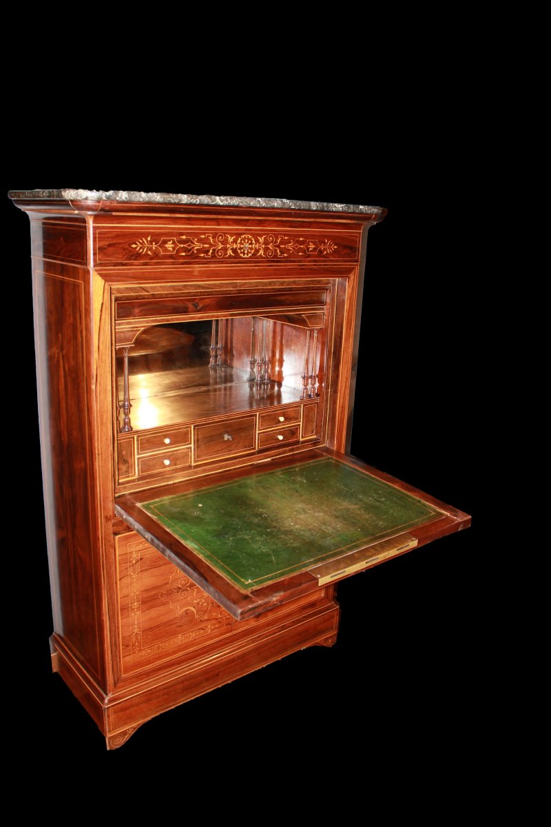French Secretary From The Mid-1800s, Charles X Style, In Rosewood With Rich Boxwood Inlay Patte-photo-2