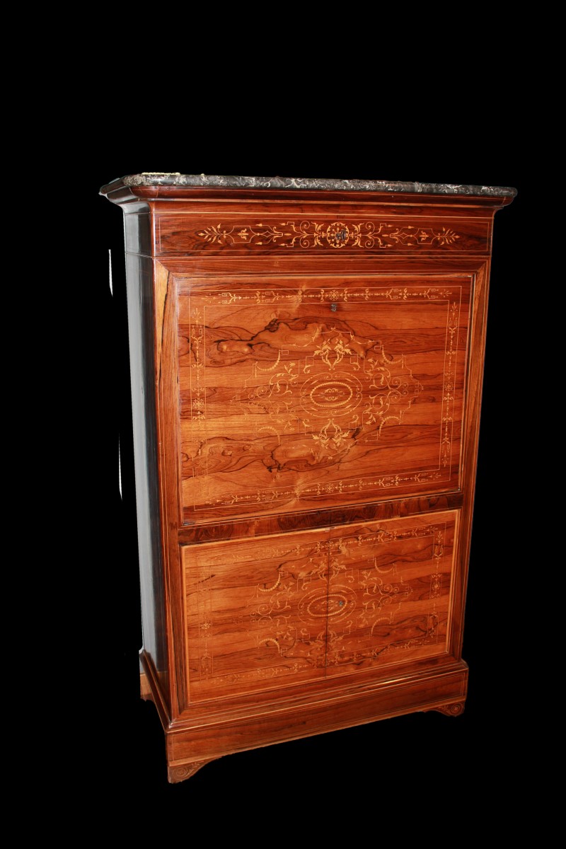 French Secretary From The Mid-1800s, Charles X Style, In Rosewood With Rich Boxwood Inlay Patte