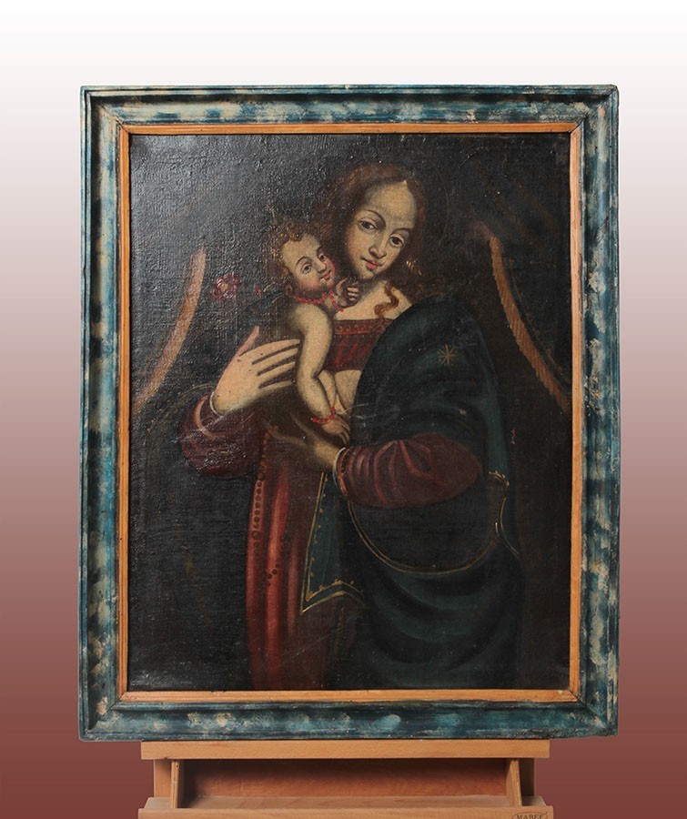Huile Sur Toile Italienne Des Années 1600 Madone à l'Enfant Jésus Christ