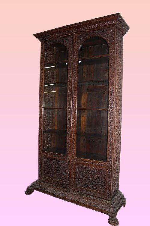 Grande Bibliothèque Vitrine Chinoise Du XIXe Siècle Richement Sculptée-photo-4