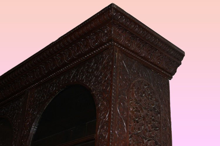 Grande Bibliothèque Vitrine Chinoise Du XIXe Siècle Richement Sculptée-photo-6