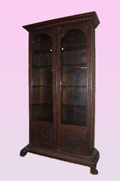 Grande Bibliothèque Vitrine Chinoise Du XIXe Siècle Richement Sculptée