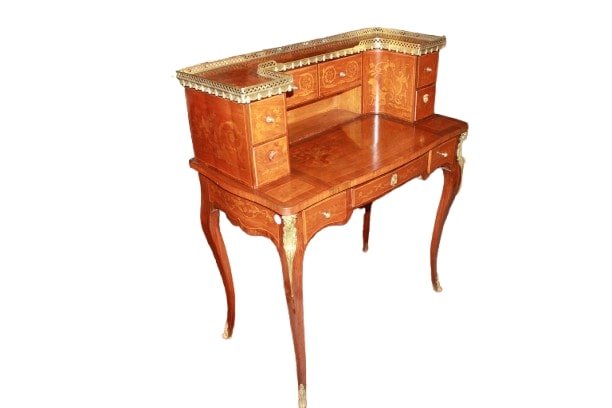 19th Century French Louis XV Style Writing Desk With Riser – Inlaid Wood And Bronze Details-photo-2