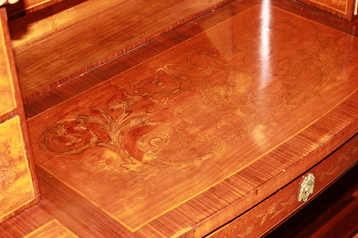 19th Century French Louis XV Style Writing Desk With Riser – Inlaid Wood And Bronze Details-photo-3