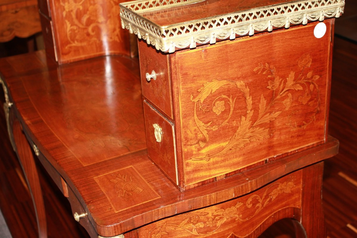19th Century French Louis XV Style Writing Desk With Riser – Inlaid Wood And Bronze Details-photo-1