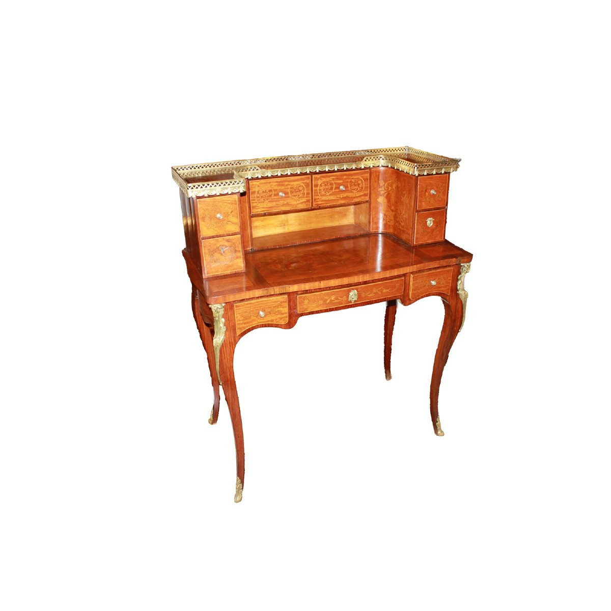 19th Century French Louis XV Style Writing Desk With Riser – Inlaid Wood And Bronze Details
