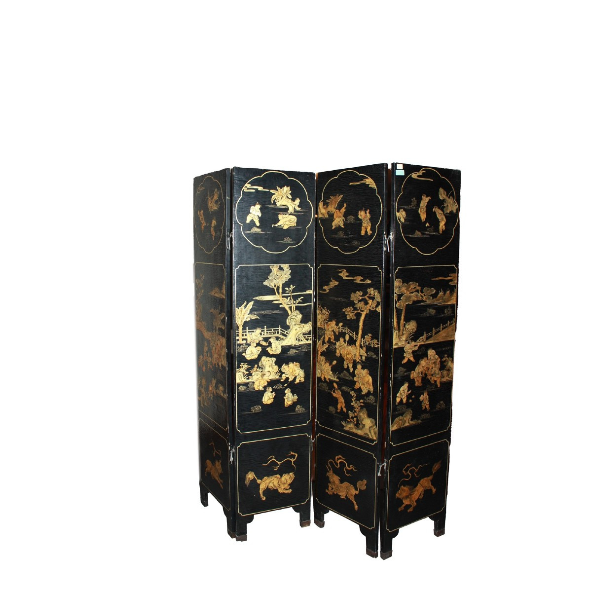 19th Century Chinese Painted Folding Screen – 4 Panels With Figures And Landscape