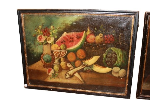 Paire de peintures à l'huile italiennes du XVIIIe siècle – Natures mortes-photo-2
