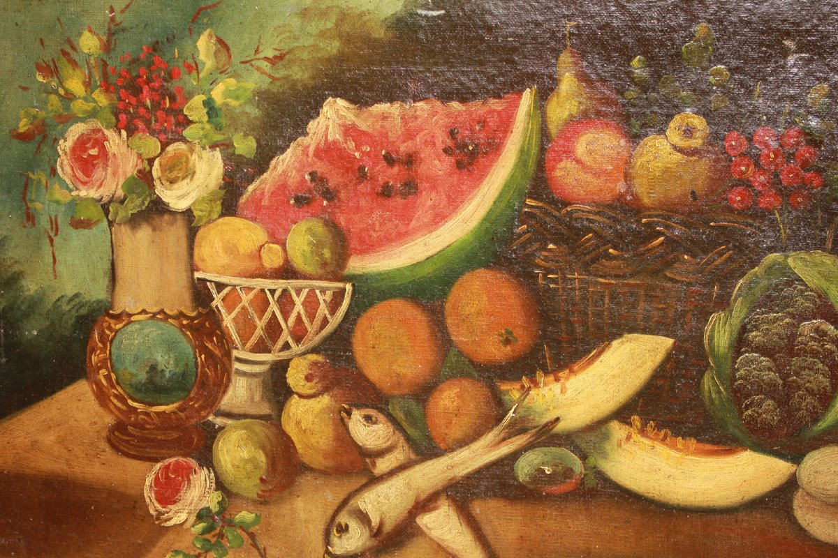 Paire de peintures à l'huile italiennes du XVIIIe siècle – Natures mortes-photo-4