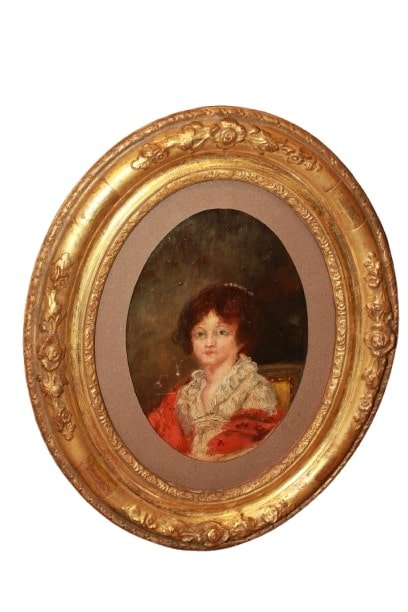 Pair Of 19th-century French Oil Portraits On Cardboard With Oval Frames-photo-2