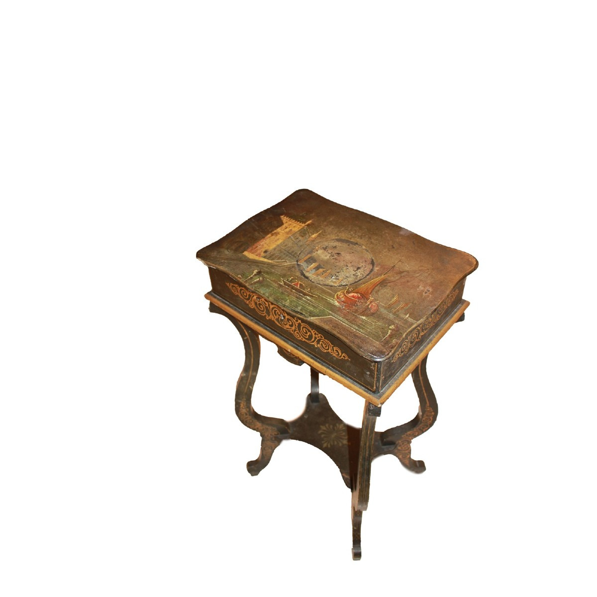 Beautiful 19th-century French Vernis Martin Sewing Table With Painted Venice Scene