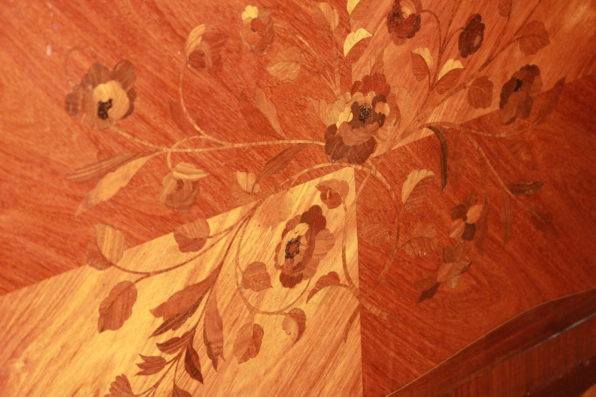 French Louis XV Style Secretaire With Floral Inlay And Marble Top – 19th Century-photo-4