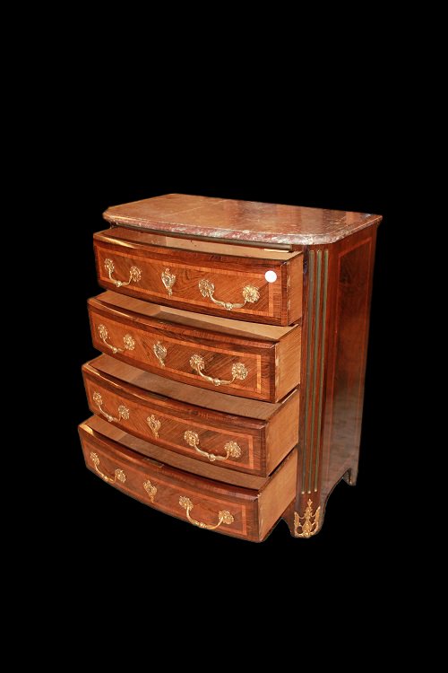 Petite Commode Française De Style Régence Avec 4 Tiroirs, Plateau En Marbre Et Ornements Bronze-photo-3