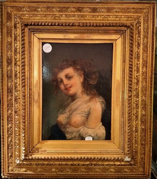 Oil On Panel Representing A Woman With A Provocative Face And Wearing A Dress That Keeps Her Br