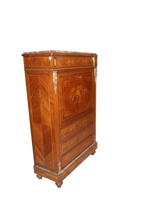 Secrétaire Français En Bois De Rose De Style Louis XVI Datant Du XIXe Siècle, Avec Marbre -photo-1
