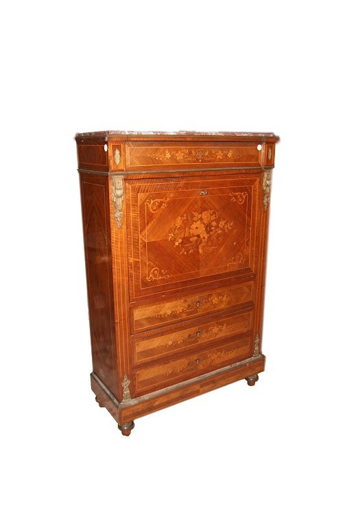 Secrétaire Français En Bois De Rose De Style Louis XVI Datant Du XIXe Siècle, Avec Marbre 