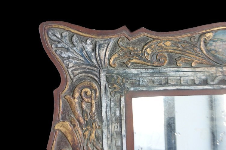 Miroir Unique Du Début Du XXe Siècle Avec Un Cadre En Cuir Peint-photo-4