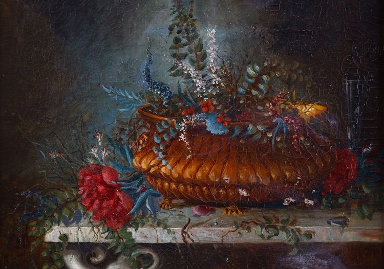Olio Su Tela Francese Della Metà Del 1800 Raffigurante "nature Morte" Con Importante Cornice Co-photo-2