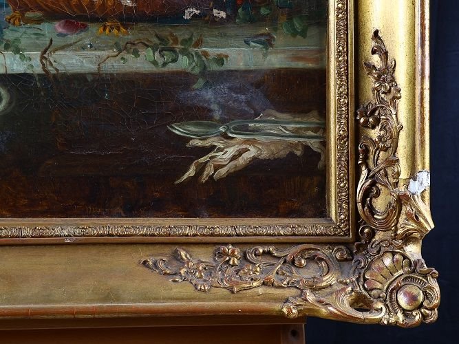 Olio Su Tela Francese Della Metà Del 1800 Raffigurante "nature Morte" Con Importante Cornice Co-photo-3