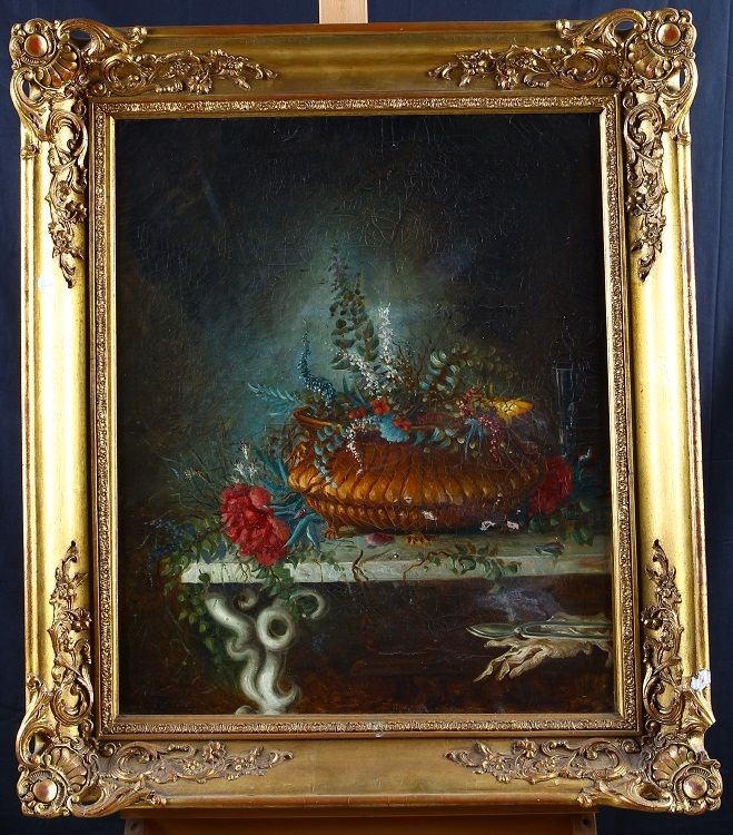 Olio Su Tela Francese Della Metà Del 1800 Raffigurante "nature Morte" Con Importante Cornice Co