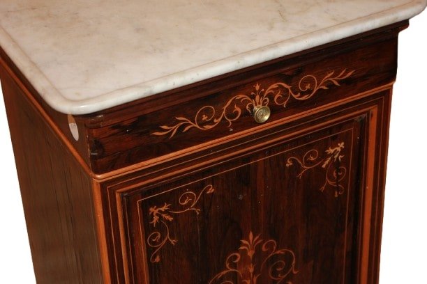 French Charles X Style Bedside Table With Marble Top And Inlays – 19th Century-photo-2