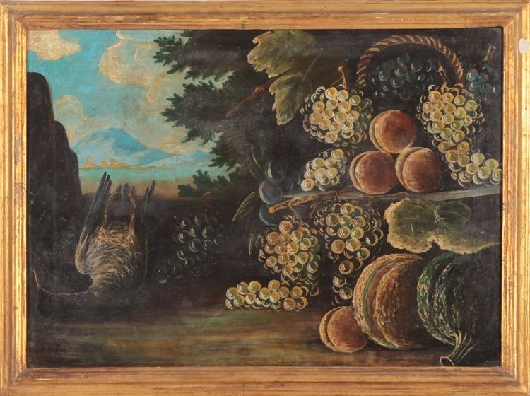 Pair Of Italian Oils On Canvas From The Early 1800s, Depicting Still Life With Coastal Landscap-photo-3