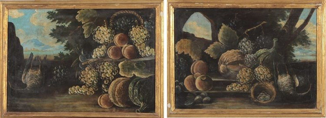 Pair Of Italian Oils On Canvas From The Early 1800s, Depicting Still Life With Coastal Landscap