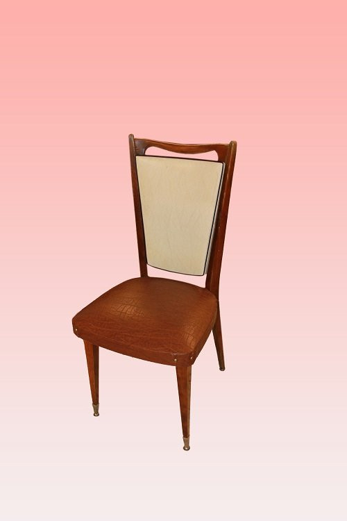 Group Of 6 French Art Deco Chairs In Mahogany. They Have A Backrest Upholstered In White Faux -photo-2