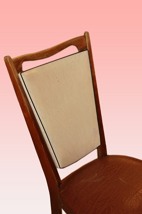 Group Of 6 French Art Deco Chairs In Mahogany. They Have A Backrest Upholstered In White Faux -photo-4