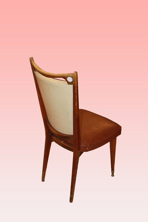 Group Of 6 French Art Deco Chairs In Mahogany. They Have A Backrest Upholstered In White Faux -photo-1